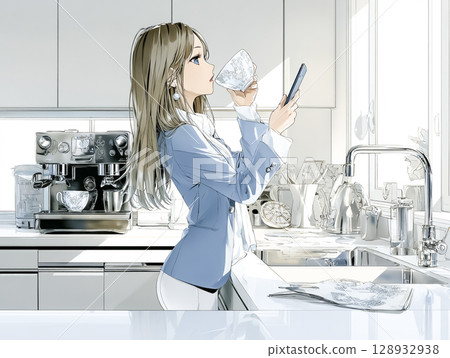 一位女士上班前在廚房一邊喝咖啡一邊查看智慧型手機的插畫素材 128932938