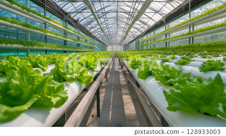 Indoor aquaculture system with lush green lettuce Indoor aquaculture system with lush green lettuce 128933003