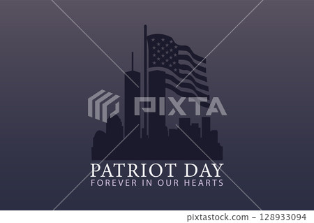 Patriot Day City Skyline Silhouette with USA Flag and Tribute 128933094