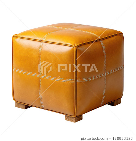 Stylish Leather Pouf in Warm Yellow Hue, Perfect for Modern Living Spaces and Cozy Interiors 128933183