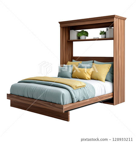 Modern Wooden Bed with Shelving and Soft Bedding for Cozy Bedroom Style 128933211