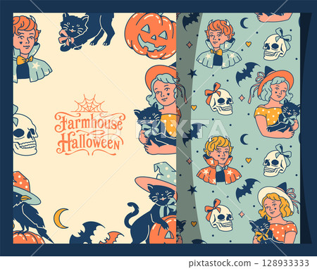 Vertical retro Halloween card or invitation with copy space. Features quirky typography and playful vintage elements for festive DIY projects or party invites Vertical retro Halloween card or invitation with copy space. Features quirky typography and playful vintage elements for festive DIY projects or party invites 128933333