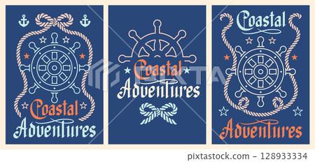 Nautical prints for T-shirts or posters with helm and rope illustrations. Perfect for wall decor, sea travel or retro adventure-themed prints. Vintage typography and seaside charm 128933334