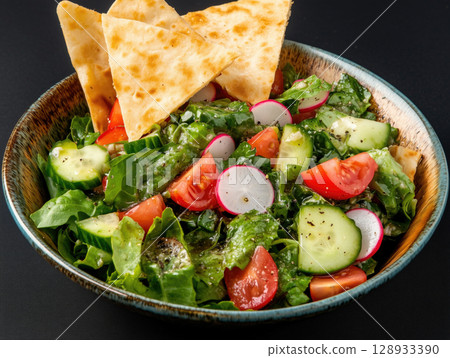 Fattoush salad with mixed greens, tomatoes, cucumbers, radishes 128933390