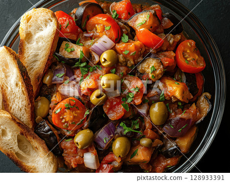 Eggplant caponata with a sweet and sour mix of tomatoes, olives, capers, and onions 128933391
