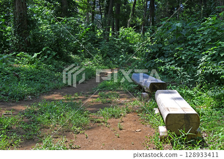 在炎熱天氣裡，長廊上的長椅 128933411