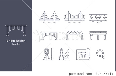 橋樑類型和設計向量圖示集(線條畫、單色) 橋樑類型和設計向量圖示集(線條畫、單色) 128933414