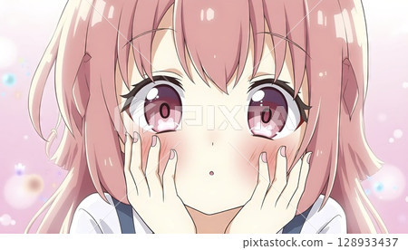 Cute Anime Girl With Surprised Blushing Expression 128933437
