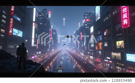 Cyberpunk City With Flying AI Drones Cyberpunk City With Flying AI Drones 128933490