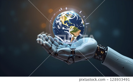 Robotic Hand Holding Glowing Earth Sphere Robotic Hand Holding Glowing Earth Sphere 128933491