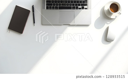 Flat Lay Laptop and Coffee Workspace Mockup 128933515