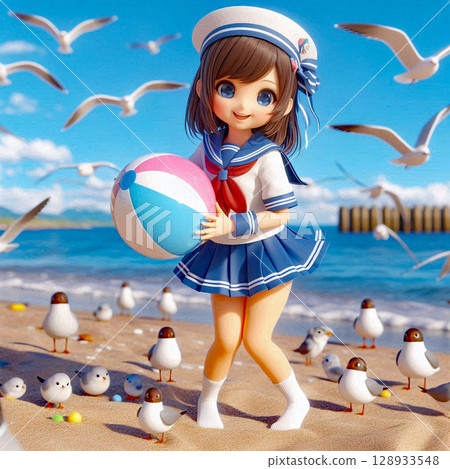 High school girls in sailor suits enjoying the summer beach[11] 128933548