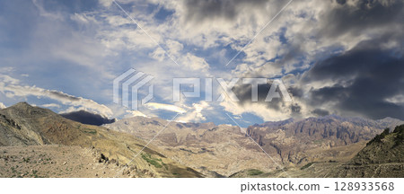 Typical mountain landscape (panoramic view), Jordan, Middle East (photography from a high point). Against the background of a beautiful sky with clouds Typical mountain landscape (panoramic view), Jordan, Middle East (photography from a high point). Against the background of a beautiful sky with clouds 128933568