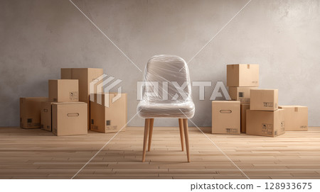 Empty living room with cardboard boxes and chair Empty living room with cardboard boxes and chair 128933675
