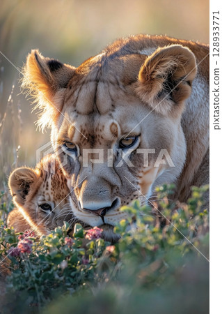 Lioness and cub embrace in golden grassland in the wild 128933771