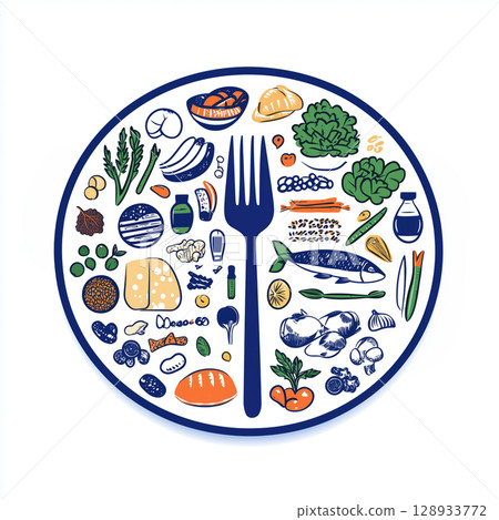 Colorful food illustration showcasing healthy ingredients 128933772