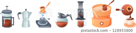 Vector coffee maker set French press, Turkish cezve, AeroPress, drip, espresso pot Vector coffee maker set French press, Turkish cezve, AeroPress, drip, espresso pot 128933800