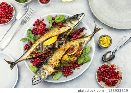 Grilled fish, mackerel, barbeque. 128933829