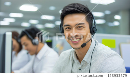 Confident Asian man in call center 128933879