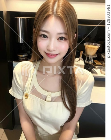 一個女人在一家咖啡館工作 128933961