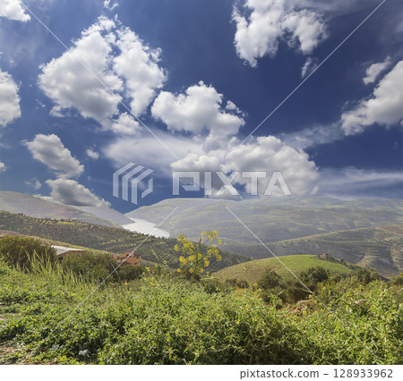 Typical mountain landscape, Jordan, Middle East  (photography from a high point). Against the background of a beautiful sky with clouds 128933962