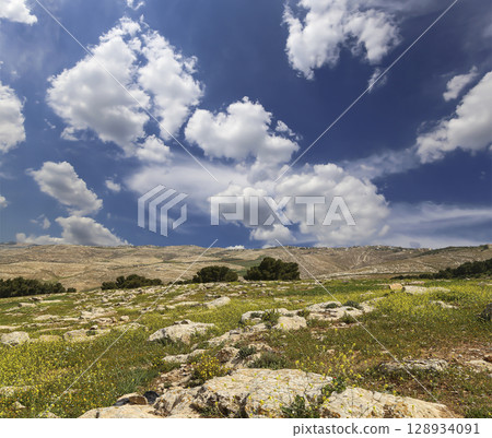 Typical mountain landscape, Jordan, Middle East  (photography from a high point). Against the background of a beautiful sky with clouds 128934091
