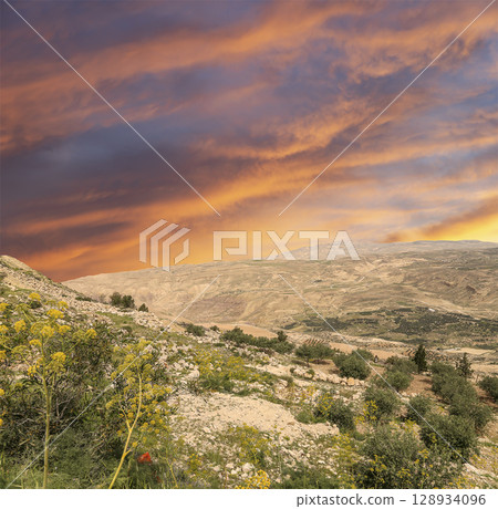 Typical mountain landscape, Jordan, Middle East (photography from a high point). Against the background of a beautiful sky with clouds Typical mountain landscape, Jordan, Middle East (photography from a high point). Against the background of a beautiful sky with clouds 128934096