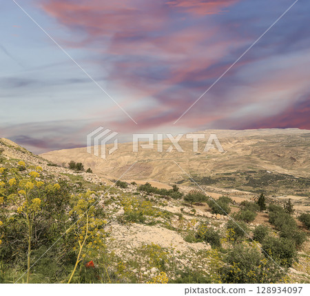 Typical mountain landscape, Jordan, Middle East (photography from a high point). Against the background of a beautiful sky with clouds Typical mountain landscape, Jordan, Middle East (photography from a high point). Against the background of a beautiful sky with clouds 128934097