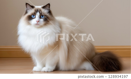 Fluffy Ragdoll cat posing on a white background 128934197
