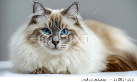 Fluffy ragdoll cat on soft white surface 128934198