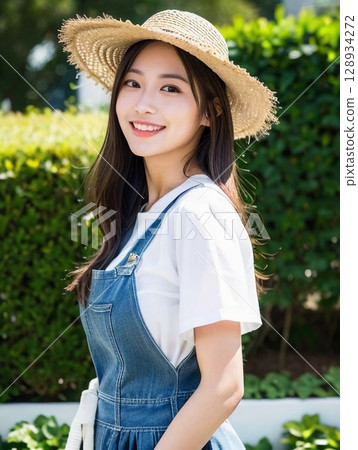 A woman wearing a straw hat 128934272