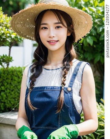 A woman with a straw hat A woman with a straw hat 128934277