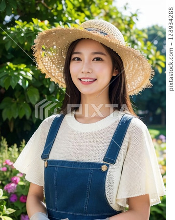 A woman wearing a straw hat 128934288