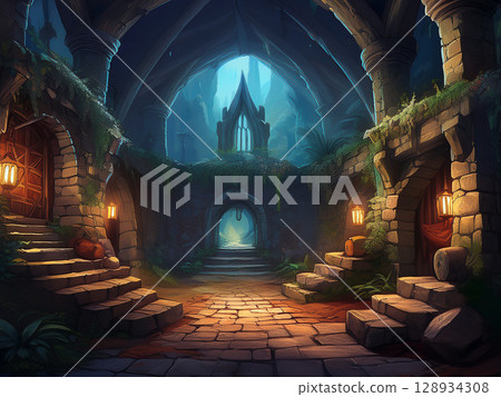 Dungeon-style stone cave 128934308