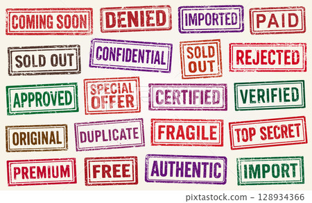 Collection of various grunge style retro stamps. Vintage text rubber stamp set. Denied, fragile, free, top secret, sold out, coming soon, approved. Vector illustration. Isolated on white background. Collection of various grunge style retro stamps. Vintage text rubber stamp set. Denied, fragile, free, top secret, sold out, coming soon, approved. Vector illustration. Isolated on white background. 128934366