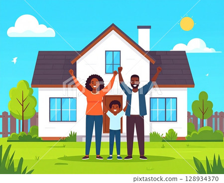 A smiling family in front of their newly built house 128934370