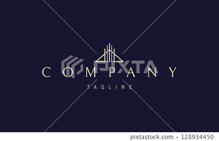 A vector golden logo featuring an abstract image a pyramid with vertical lines creating a sense of structure and depth. 128934450