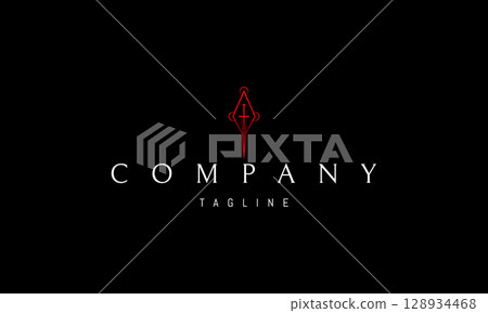 A vector red logo featuring an abstract image a sword placed vertically inside a rhombus, forming a minimalistic and symmetrical emblem. A vector red logo featuring an abstract image a sword placed vertically inside a rhombus, forming a minimalistic and symmetrical emblem. 128934468