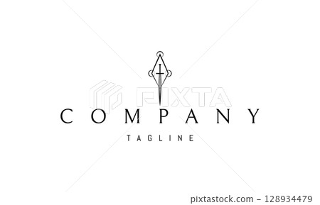 A vector logo featuring an abstract image a sword placed vertically inside a rhombus, forming a minimalistic and symmetrical emblem. A vector logo featuring an abstract image a sword placed vertically inside a rhombus, forming a minimalistic and symmetrical emblem. 128934479