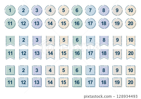土色數位標籤套裝（圓形、緞帶、方形）1至20 128934493
