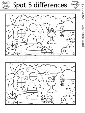 Find differences game for children. Dwarf activity with house shaped as strawberry, ladybug. Magic forest black and white puzzle for kids. Fairytale printable worksheet, coloring page 128934631