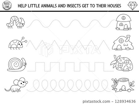Vector black and white handwriting practice worksheet with woodland animals and insects going to houses. Printable activity for kids with homes. Fairyland fantasy tracing game, coloring page 128934636