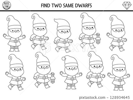 Find two same dwarfs. Fairytale black and white matching activity for children. Magic garden or forest quiz worksheet for kids for attention skills. Printable game, coloring page with cute gnome Find two same dwarfs. Fairytale black and white matching activity for children. Magic garden or forest quiz worksheet for kids for attention skills. Printable game, coloring page with cute gnome 128934645