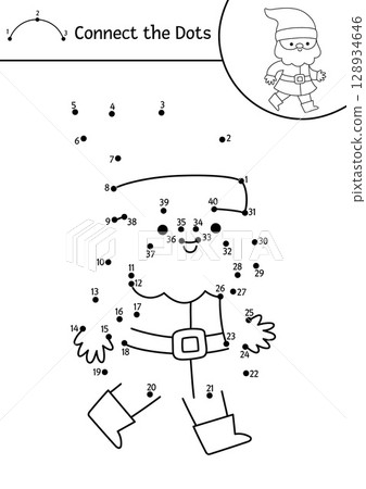 Vector dwarf dot-to-dot and color activity. Fantasy forest connect the dots game for children with cute walking gnome. Magic woods coloring page for kids. Printable worksheet with fairytale creature Vector dwarf dot-to-dot and color activity. Fantasy forest connect the dots game for children with cute walking gnome. Magic woods coloring page for kids. Printable worksheet with fairytale creature 128934646