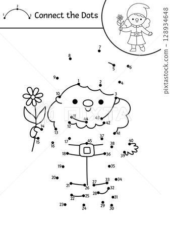 Vector dwarf dot-to-dot and color activity. Fantasy forest connect the dots game with cute gnome girl or fairy with flower. Magic woods coloring page for kids. Printable worksheet with fairytale Vector dwarf dot-to-dot and color activity. Fantasy forest connect the dots game with cute gnome girl or fairy with flower. Magic woods coloring page for kids. Printable worksheet with fairytale 128934648