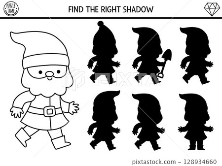 Shadow matching activity with dwarf. Fairytale black and white puzzle with gnome. Find correct silhouette printable worksheet, game. Magic forest coloring page for kids Shadow matching activity with dwarf. Fairytale black and white puzzle with gnome. Find correct silhouette printable worksheet, game. Magic forest coloring page for kids 128934660