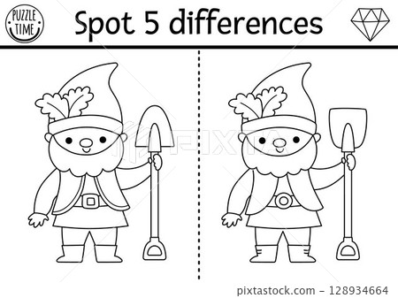 Find differences game for children. Dwarf educational activity with garden gnome. Magic forest black and white puzzle for kids. Fairytale printable worksheet, coloring page with fantasy creature 128934664