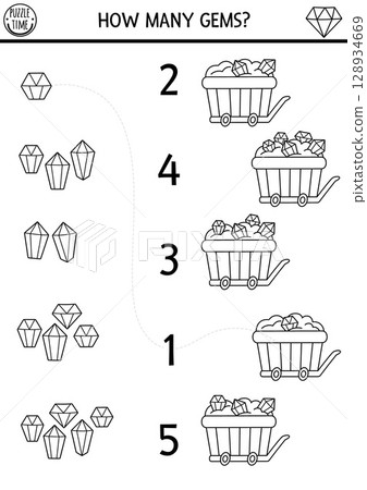 Match the numbers black and white game with dwarf cart with treasure. Magic math printable activity for kids with wooden trolley with gem. Fairytale gnome counting worksheet or coloring page 128934669