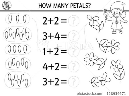 Counting and matching black and white game with dwarf girl and petals. Garden gnome math addition activity for kids. Fairytale printable counting worksheet or coloring page with flowers, fairy Counting and matching black and white game with dwarf girl and petals. Garden gnome math addition activity for kids. Fairytale printable counting worksheet or coloring page with flowers, fairy 128934671