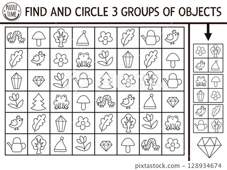 Dwarf black and white seek and find game with gnome or woodland symbols. Attention puzzle with frog, flower, leaf, tree. Magic forest printable activity, coloring page. Find groups of objects Dwarf black and white seek and find game with gnome or woodland symbols. Attention puzzle with frog, flower, leaf, tree. Magic forest printable activity, coloring page. Find groups of objects 128934674